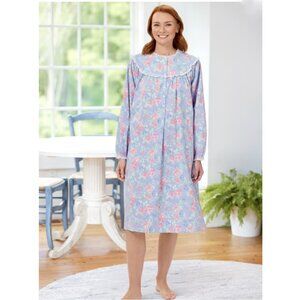 Lanz of Salzburg Womens Nantucket Rose 44 Inch Flannel Nightgown M Blue Pink